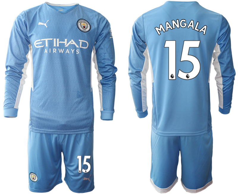 Men 2021-2022 Club Manchester city home Light blue Long Sleeve #15 Soccer Jersey